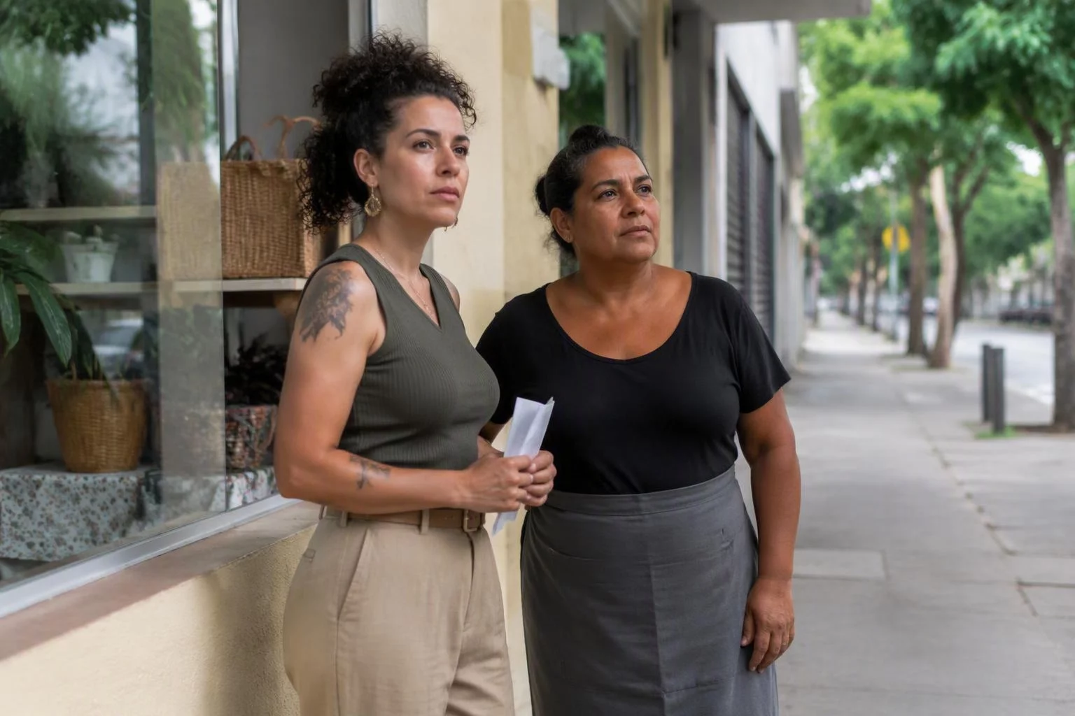 Lojista e consultora observando o movimento da calçada em frente à loja