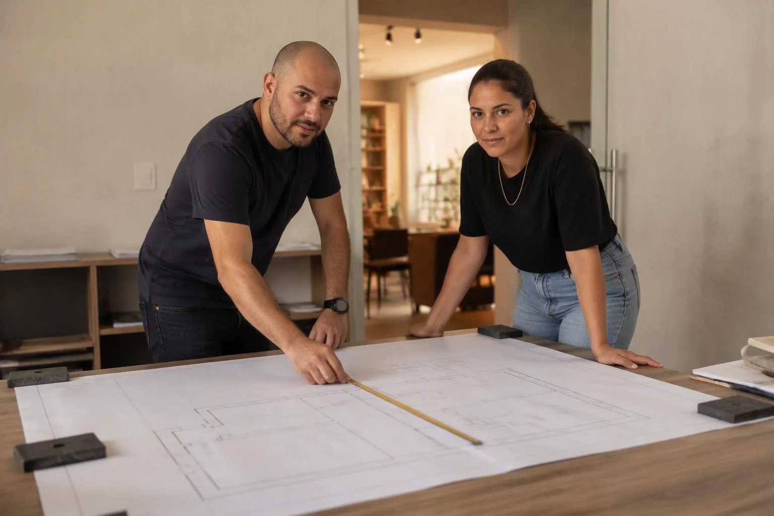 Duas pessoas conferindo a planta de um salão comercial na mesa